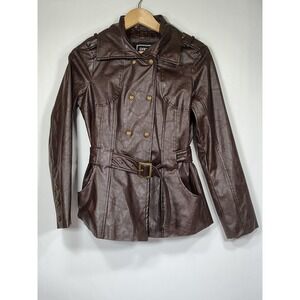 Y2K Paper Denim & Cloth Brown Faux Leather Belted Trench Jacket Womens Medium